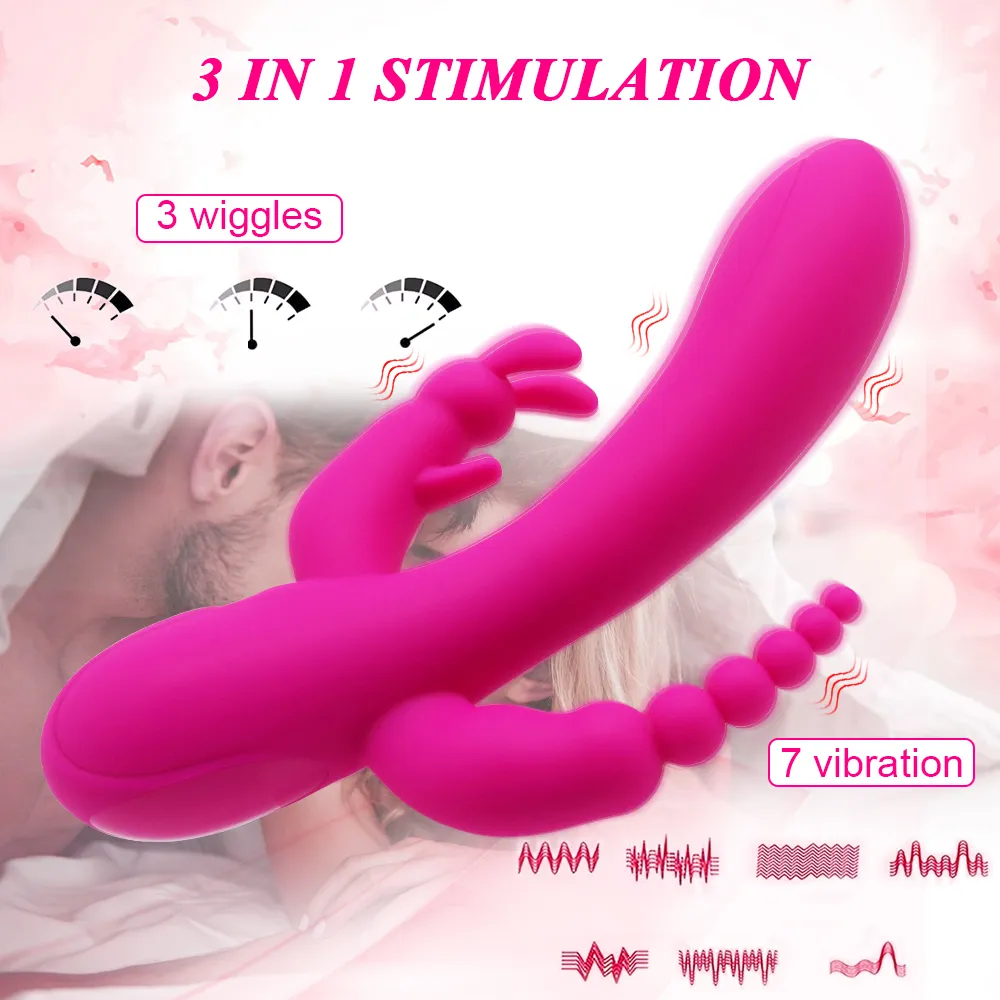 Kraftfull dildo kaninvibrator silikon anal vaginal klitstimulator massager 3 i 1 laddningsbar sexig leksak för kvinnor eller par