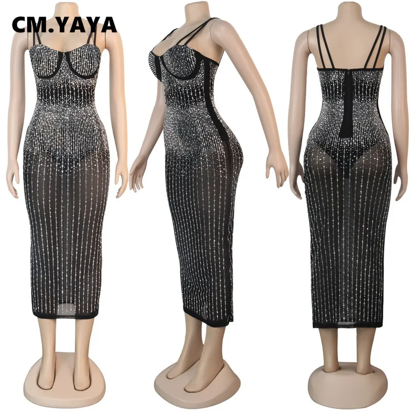 Cm.Yaya Mesh Se men Rhinestones Plunguling V-Neck Midi Bodycon Dress For Women Sexy Club Party Dresses Pencil Vestidos 220406