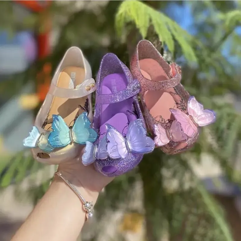 Детская блестящая бабочка для бабочки обувь оригинал мини-Melissa Princess Beach Sandals мода PVC блестки обувь HMI039 220409