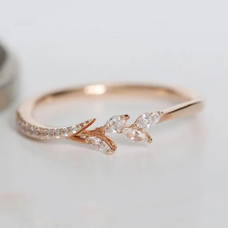 Leaf Crystal Engagement Rings Dames Eternity Wedding Band Ring voor Vrouwelijke Rose Gouden Sieraden Geschenken