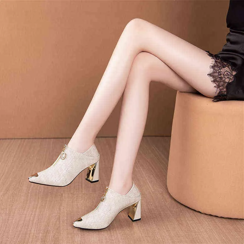 Dress Shoes Fashion Zipper High Heels Women Autumn 2022 Sexy Metal Pointy Toe Pumps Woman Pu Leather Party Mujer 220416