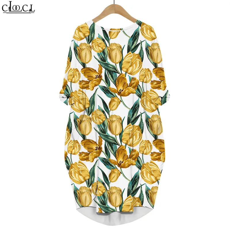 Women Dress Color Small Flower 3D Graphic Loose Daughter Dresses Printed Long Sleeve Fashion Summer Gown Pocket Dress W220616