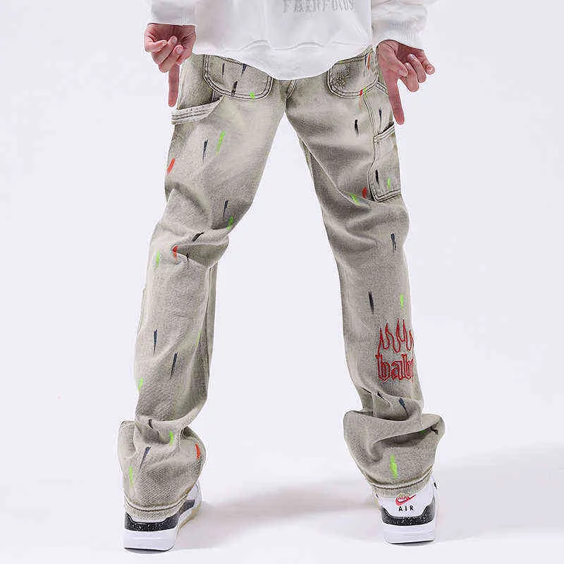 Beżowa szeroka noga prosta dżinsy Mężczyźni Y2K Streetwear workowate dżinsowe spodnie łatki haft haft duże spodnie Kobiety High Street T220803