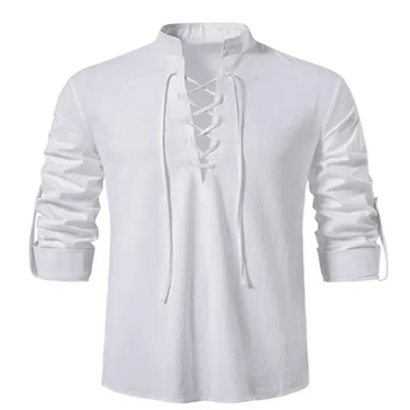 メンズVneckシャツTシャツファッションビンテージシンロングスリーブトップメンカジュアルな通気性バイキングフロントレースアップマンシャツ220815