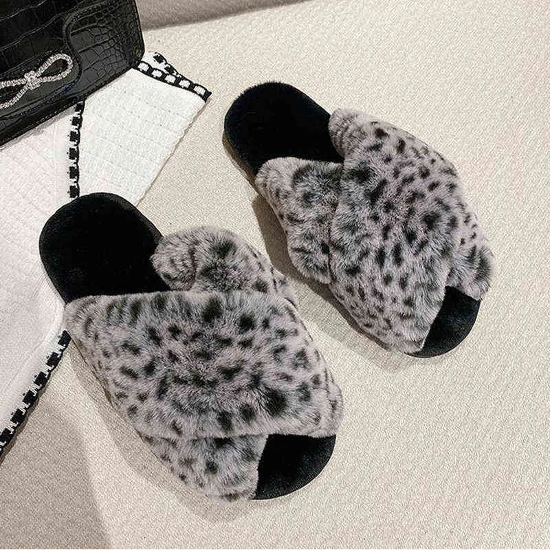 Warme pluizige bont slippers vrouwen pluche winter herfst schoenen comfortabele faux fur kruis indoor huis harige slijbanen platte niet-slip flip flops g220816