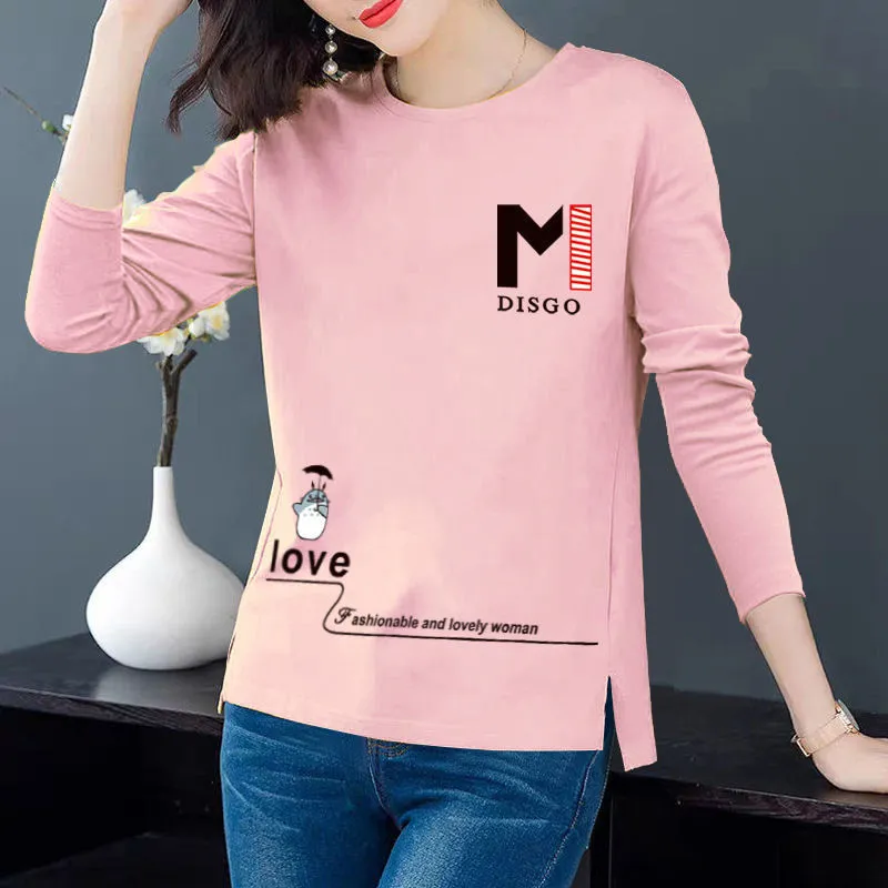 여자 Tshirts 여성 긴팔 티셔츠 봄과 가을 탑 느슨한 플러스 사이즈 크루 넥 ropa mujer camisetas 220408