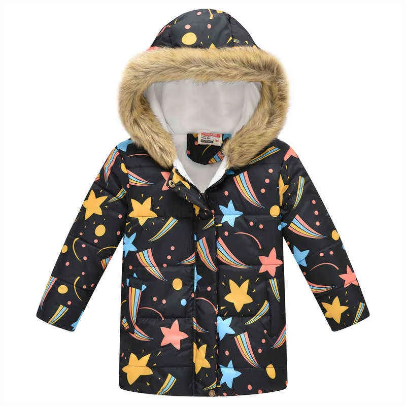 Dicke warme Outfit Baby Jungen Winter Druck Hoodie Kinder Aktive Kleidung Mädchen Pelzkragen Jacken Daunen Kinder 4-8Y J220718