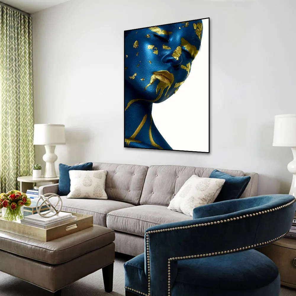 Modern Sexy Women Blue Portait Art Canvas Painting Poster and Print Gold Art Nordic Wall Pictures for Living Room Bedroom Decor