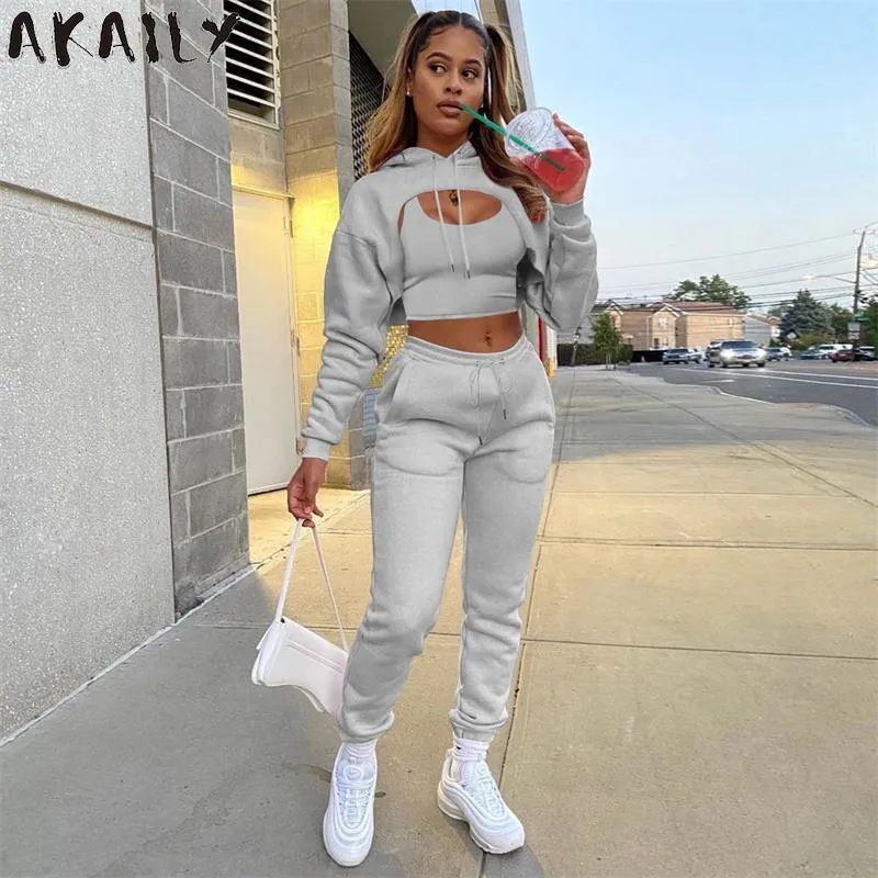 Akaily Autumn Fleece Pink 3 Three Piece Sets Tracksuit Women Outfits Sweatsuits Long Sleeve Hoodies Crop Top And Pants Sets Suit 220716
