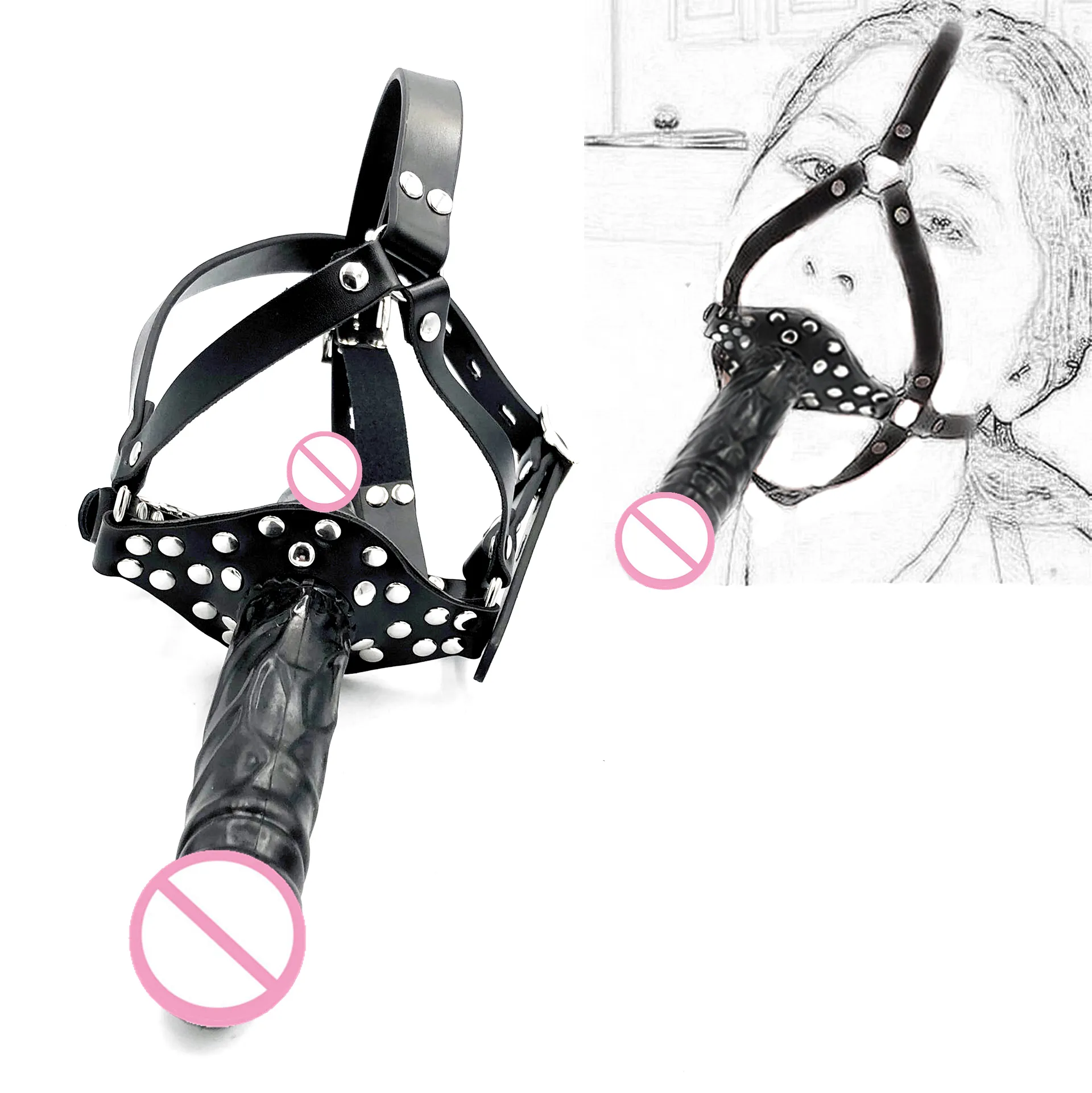 sexy Shop Double-Ended Dildo Gag Strapon Head Harness Mouth Plug Penis Realistic Cock Dick BDSM Erotic toy For Lesbian Women