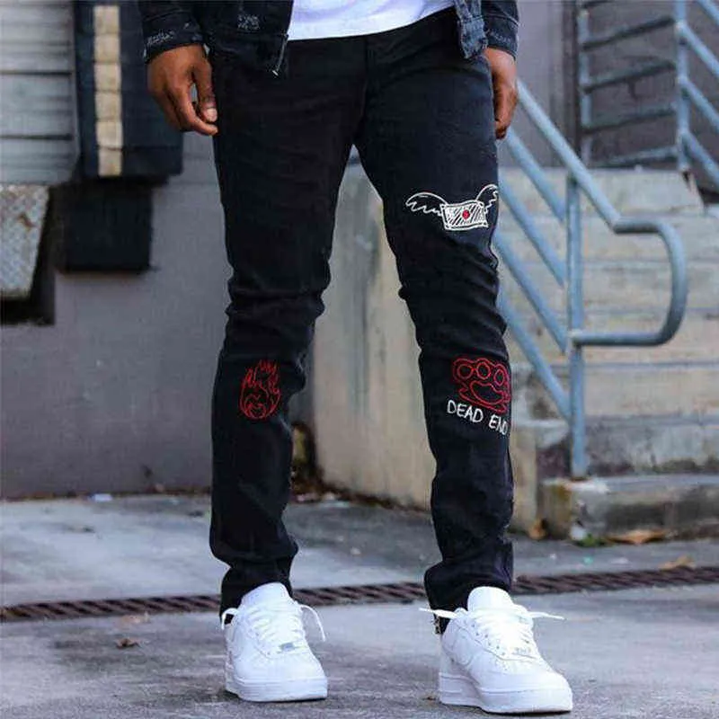 Hommes Noir Jogger Pantalon Rétro Streetwear Haute Qualité Coupe Confortable Motif Extensible Imprimé Mince Lavé Crayon Jeans Pantalon G0104