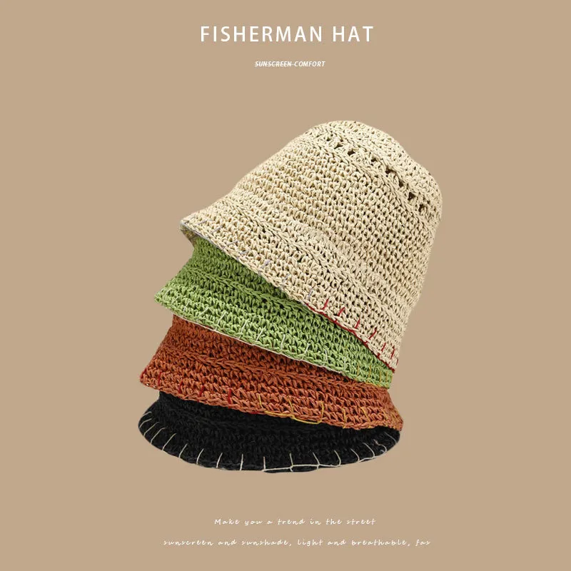 Paper Straw Bucket Hat Ladies Crochet Breathable Panama Edge Stitch Design Bob Fishing Caps Girls Summer UV Beach Hat 220511