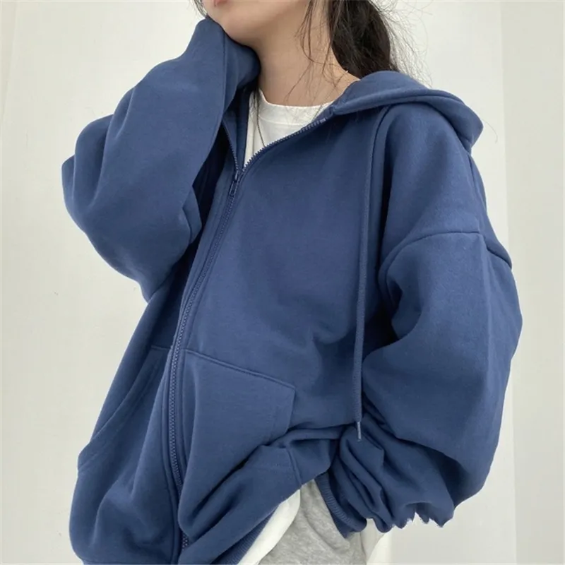 Frauen Hoodies Harajuku Koreanische Version Zip Up Lose Übergroße Sweatshirts Casual Einfarbig Langarm Mit Kapuze Sweatshirt Mäntel 220817