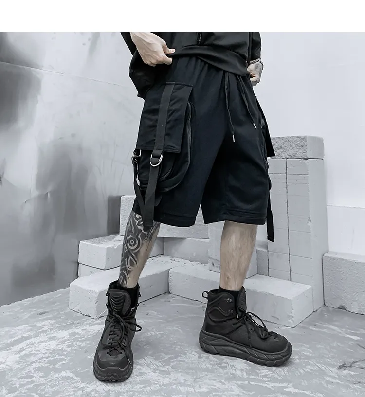 Men summer ribbons hip hop cargo shorts casual streetwear mens harajuku punk short pants bermuda homme 220715