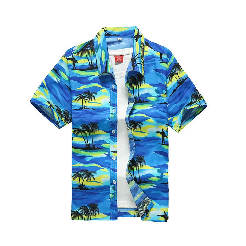 Camisas havaianas masculinas Moda Men Butão casual Botão Havaí Praia Praia curta Manga curta Blusa do topo seco M 5XL 220621