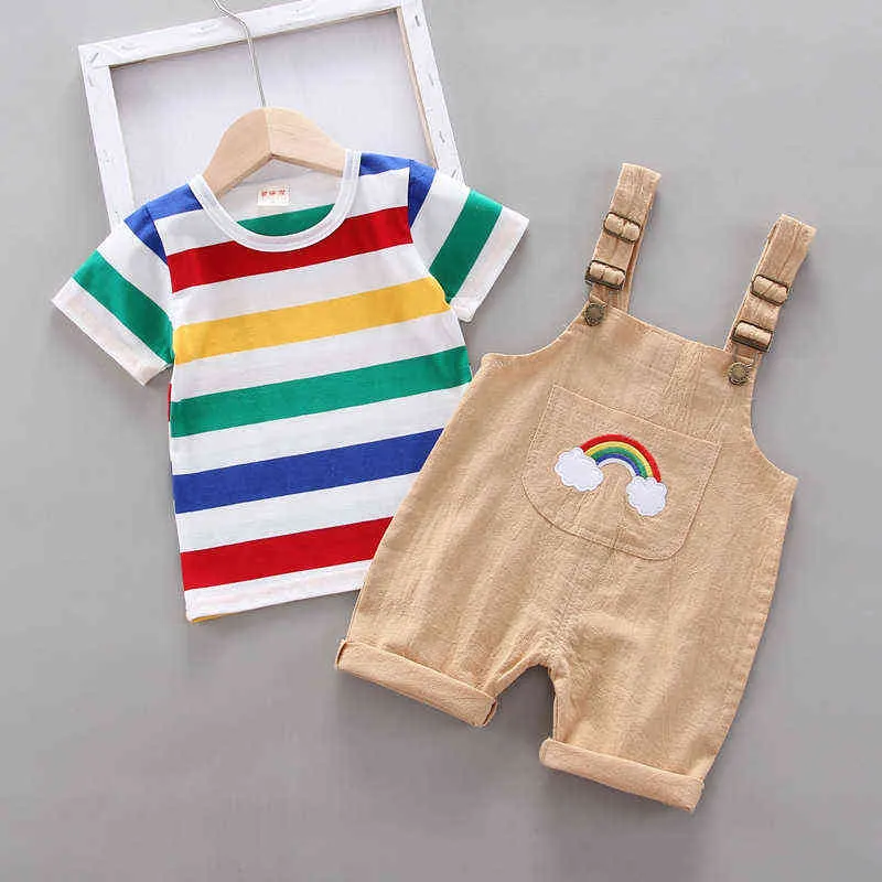 Toddler Baby Boys Girls Set di abbigliamento Cute Kids Rainbow Stripe Top T-shirt Bib Pants Abiti Set manica corta Casual Soft Set G220509