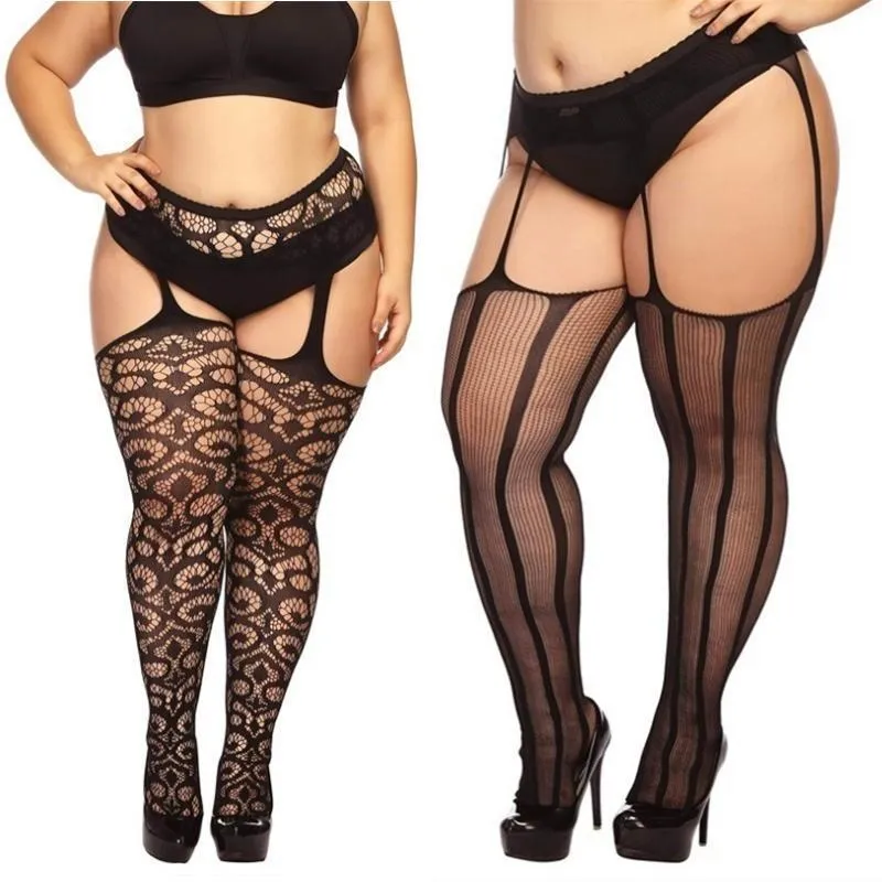 Grand Big Plus Taille Graisse Femmes Surdimensionné Résille Noir Bas Ouvert Crotchless Corps Collants Serrés Exotique Sexy Lingerie Érotique 220505