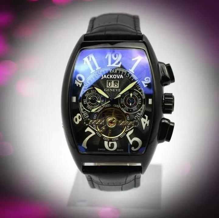 Genève bracelet en cuir de luxe tourbillon mécanique hommes montre 45mm jour date squelette automatique hommes montres cadeaux de haute qualité exquisi235g