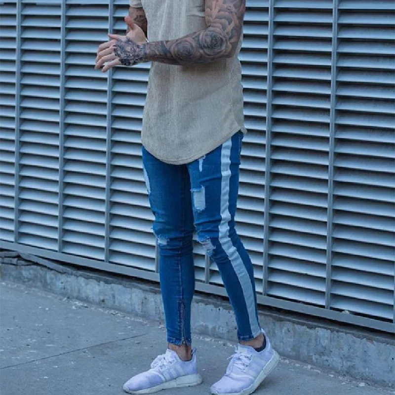 Skinny Jeans Erkekler Hip Hop Şerit Elastik Slim Fit Kot Pantolon Erkek Sıkı Kalem Dipleri Sokak Diz Yırtık Delik 220328