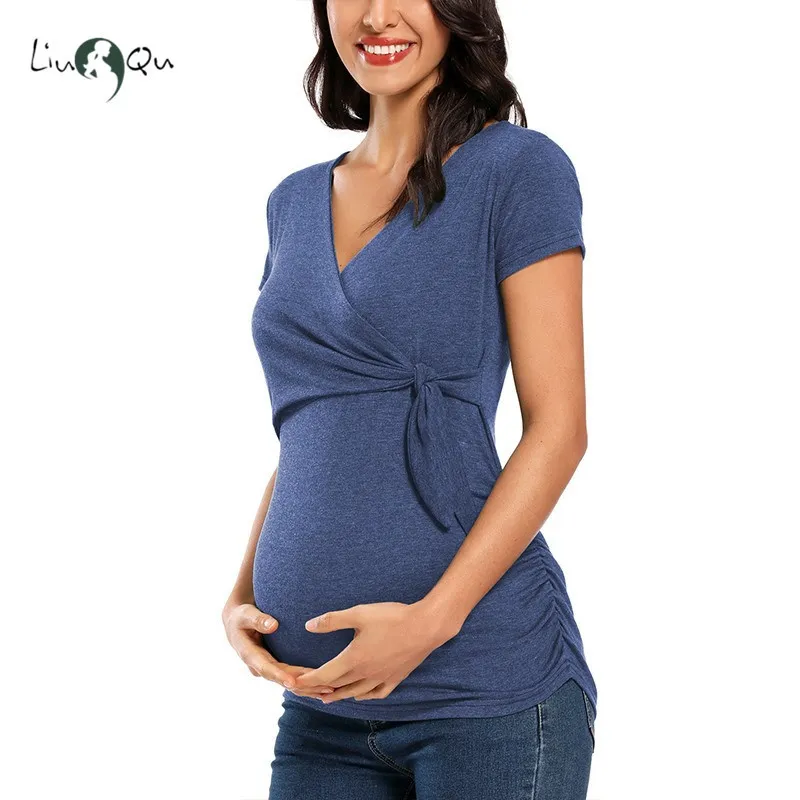 Maternitys Short Sleeve Shirts Maternity Clothes Pregnant Summer Blouse Breastfeeding V-Neck Sexy Tops for Pregnancy Breastfeed 220419