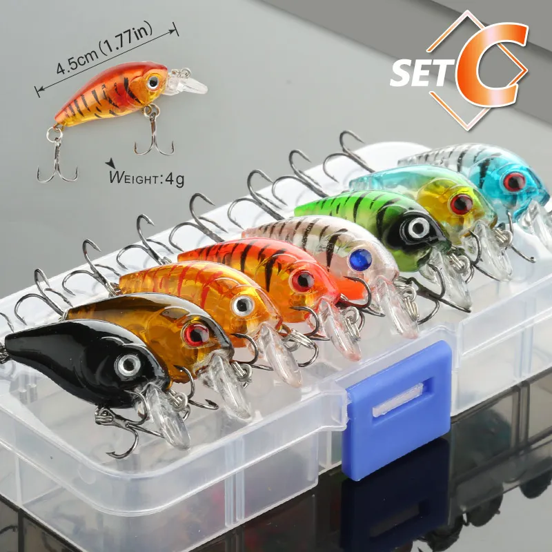 Donql Mixed Colors Fishing Lure Set Minnow Baits Kit Wobbler Crankbasts с коробками тройных крючков рыбалка с твердой приманкой 220726