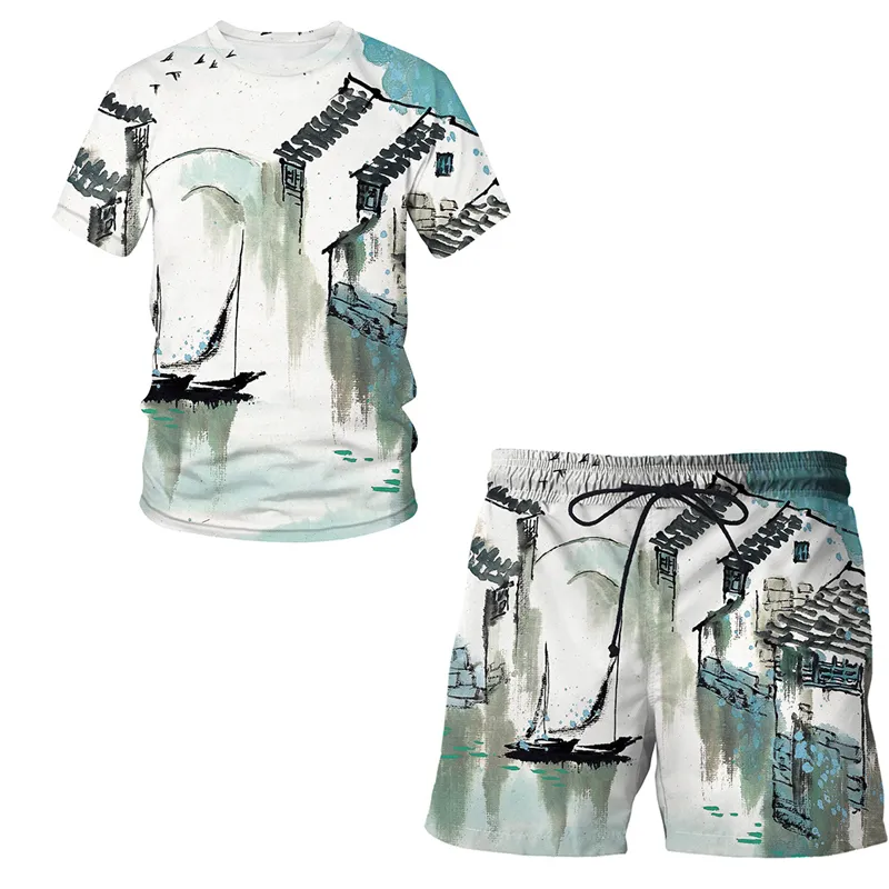 3d Çin fırça boyama erkek tişört şort plaj setleri yaz nefes alabilen moda kısa kollu erkek gündelik sokak takım elbise 220624