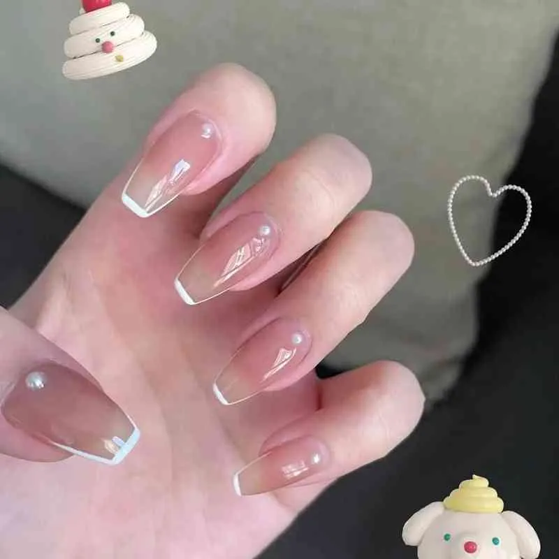 False Nails Coffin White Pearl French Fake Wearable Ballerina Full Cover Acrylic Nail Tips Press on with Glue 0616