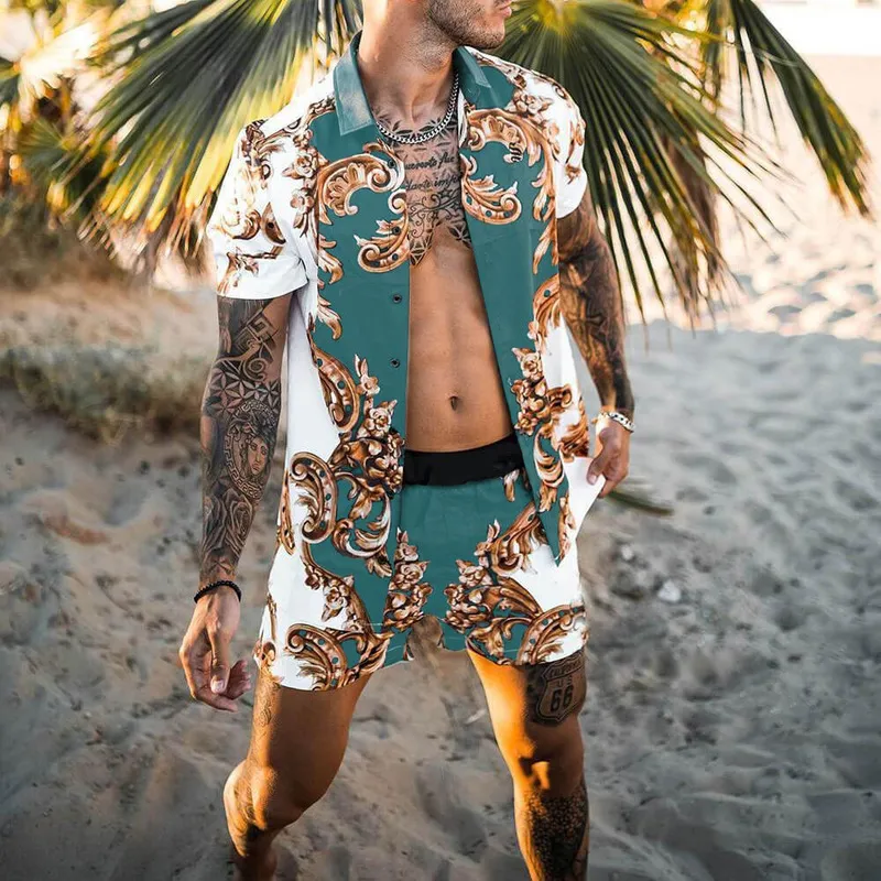 Men sets print patchwork rapel raapje korte mouw casual shirt strand shorts zomer streetwear vakantie hawaiian pakken mannen s3xl 220602