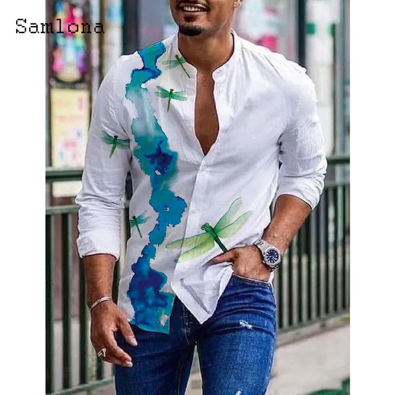 Plus Size Mens Long Sleeve Casual Shirts Male Fashion Top Pullovers Sexy Men clothing Summer Feather Birds Print Blouse 220702