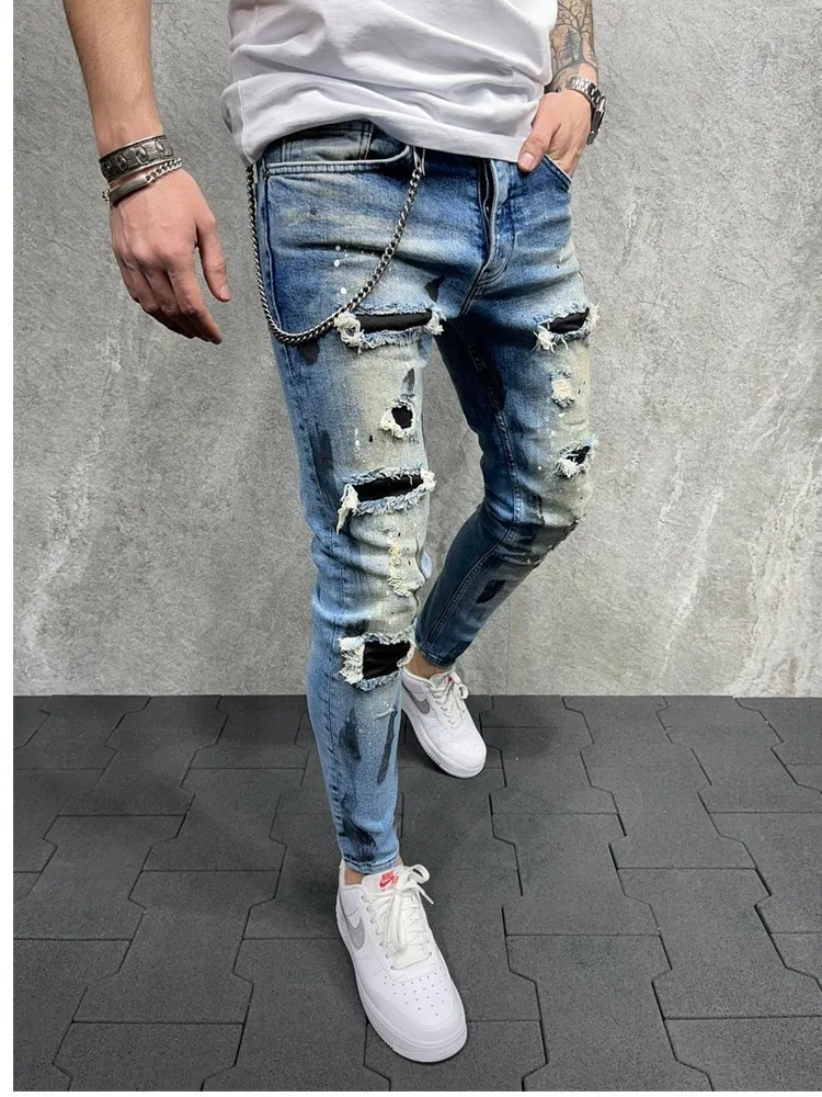 Farbe zerrissene Jeans Herren Jogginghose Sexy Loch Hosen Casual Male Skinny Hose Slim Biker Outwears Europäische Größe 220408