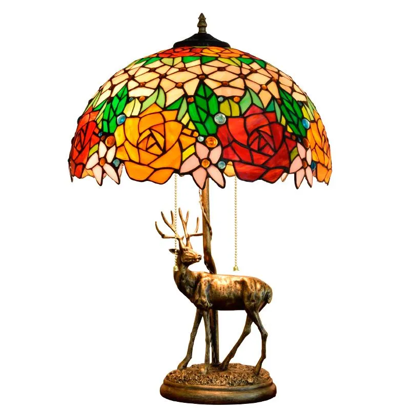 Candeeiros de mesa Art Deco E27 LED Tiffany Deer Resin Iron Glass Lamp LED Light Table Lamp Desk Lamp para BedroomTable207v