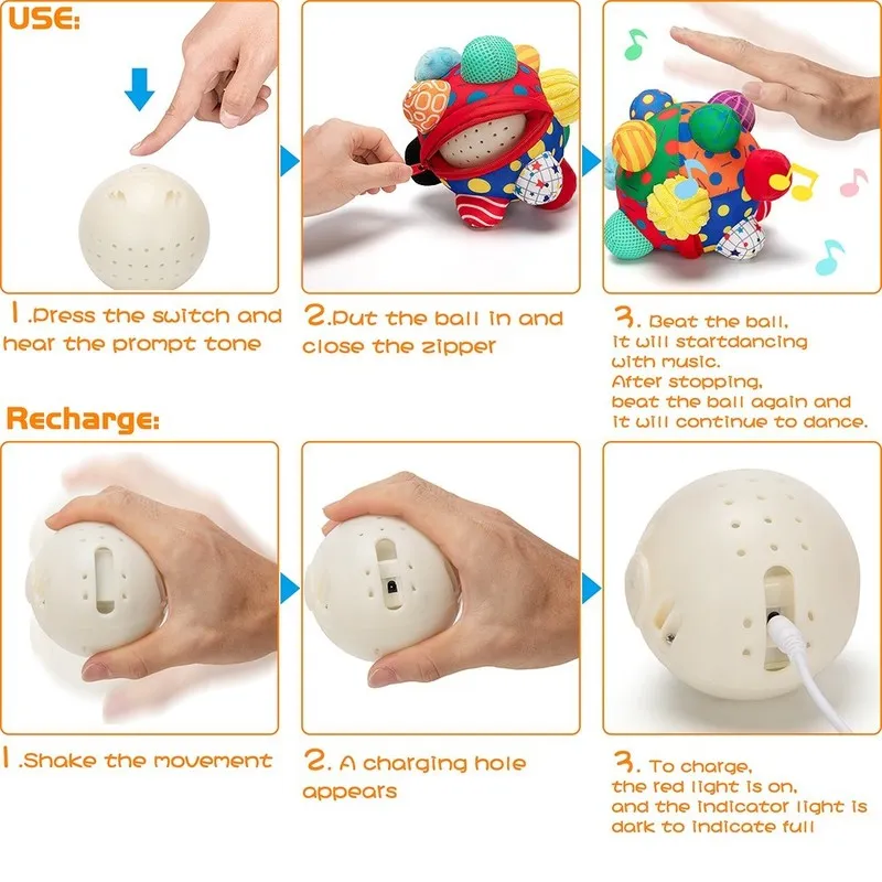 Teytoy Development ухабистый мяч USB Заряженный отскакивание для прыжков с мячом игрушка детские сенсорные игрушки музыка Shake Dancing Balls Многоцветный мяч 220706