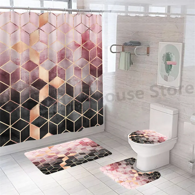 Geometric Marble Print Shower Curtain Bath Mat Set Soft Carpet Anti-slip Rug Toilet Lid Cover Modern Bathroom Home Decor 220429