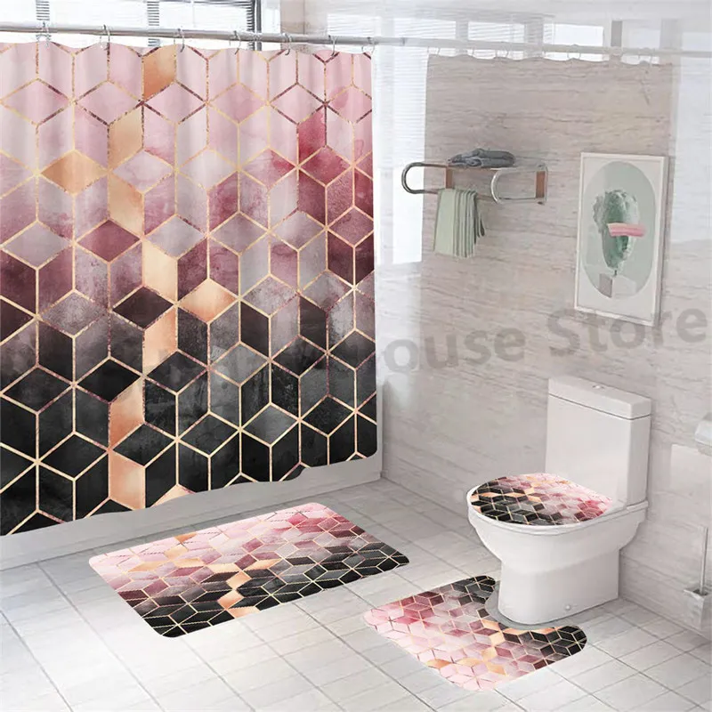 Rideau de douche imprimé marbre géométrique, ensemble de tapis de bain doux, antidérapant, couverture de couvercle de toilette, salle de bain moderne, décoration de maison, 220429