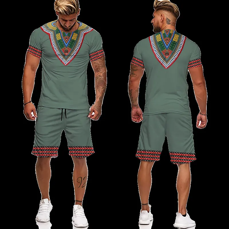 African Clothes For Men 3D Printed Ethnic Style T-Shirt Set Vintage Casual T-Shirt Shorts Oversized Suit Tracksuit 220622