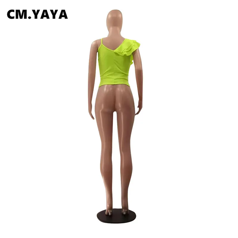 Cm.yaya vrouwen camis solide ruches spaghetti riem v-hals tops sexy nacht club kleding zomer mode top tees vrouwelijke 220325