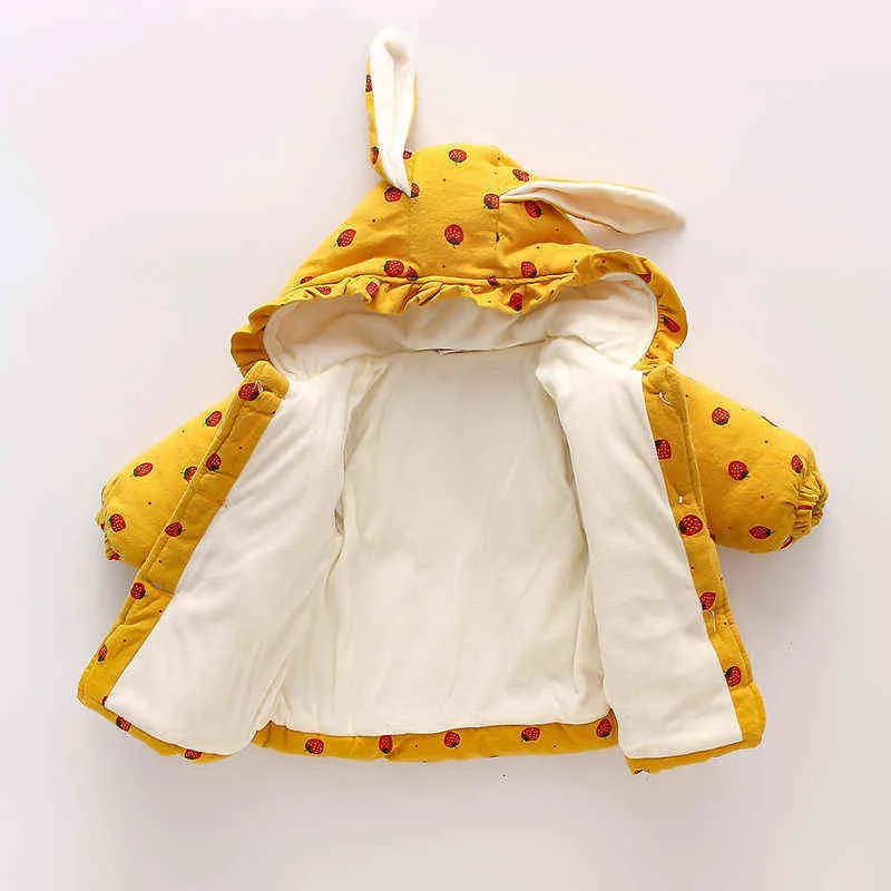 0-3 년 유아 소녀 옷 귀여운 토끼 귀 후드 레드 베이비 재킷 가을 겨울 두꺼운 따뜻한 베이비 재킷 생일 선물 J220718