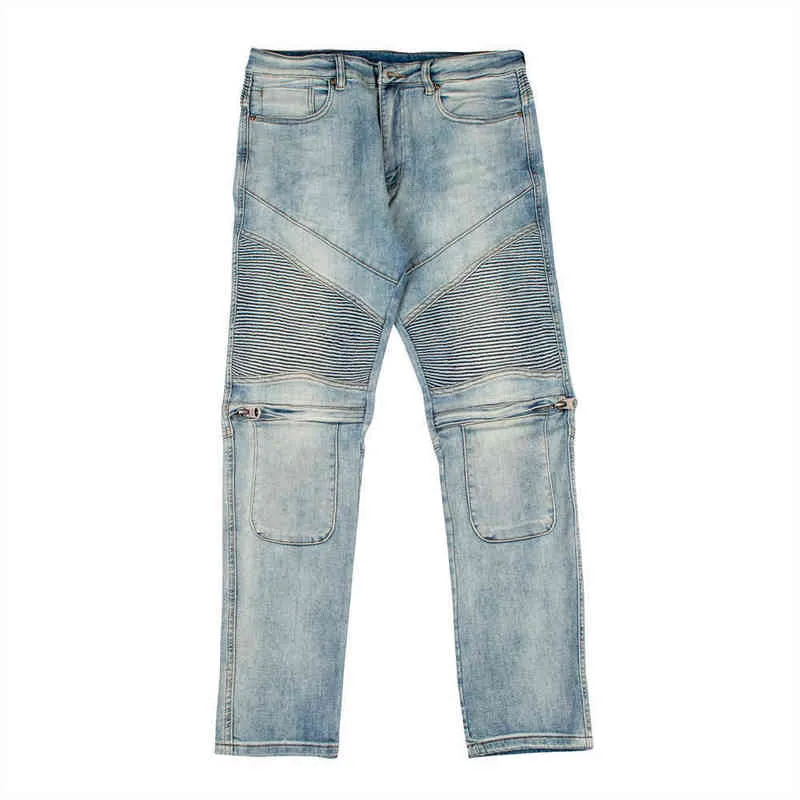 2021 Nouvelle mode genou fermeture à glissière plis vintage hommes jeans slim pantalon rétro lavé style punk pantalon en denim décontracté élégant Spodnie T220803