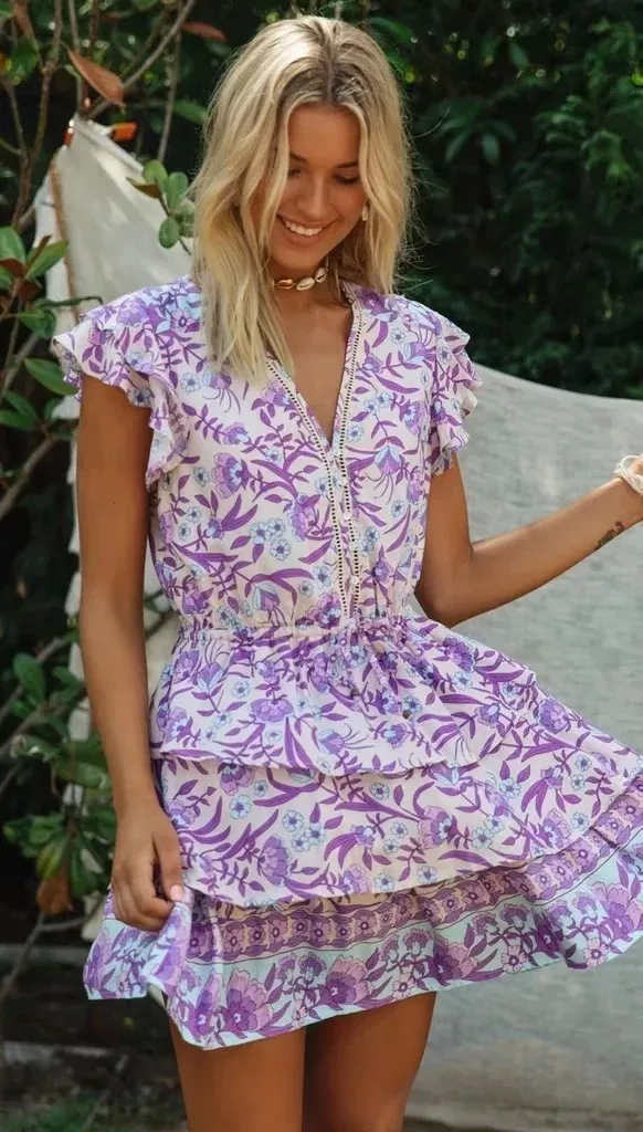 Teelynn Purple Mini Dress for Women Bohemian Cotton Floral Print Dresses Summer Ruffles v Nvek Short Boho Dress Vestidos 220531