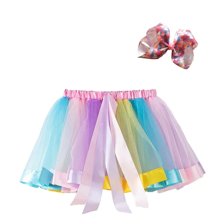 Casa europeia e americana malha arco -íris saia meninas tutu saias arco infantil princesa saia de dança de dança performance festival festa infantil skirtszc1157