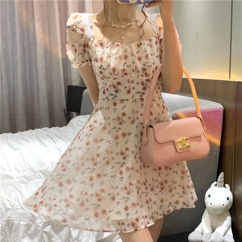 Summer Elegant Floral Dres Lace Up Backless Sexy Mini Dress French Retro High Waist Chic Party Sweet Dress 220518