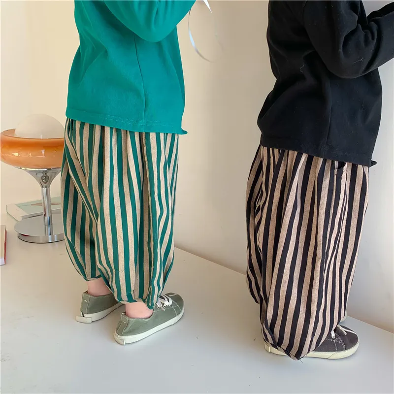 Spring Kids cotton linen loose bloomers Children fashion vertical stripe trousers 220512