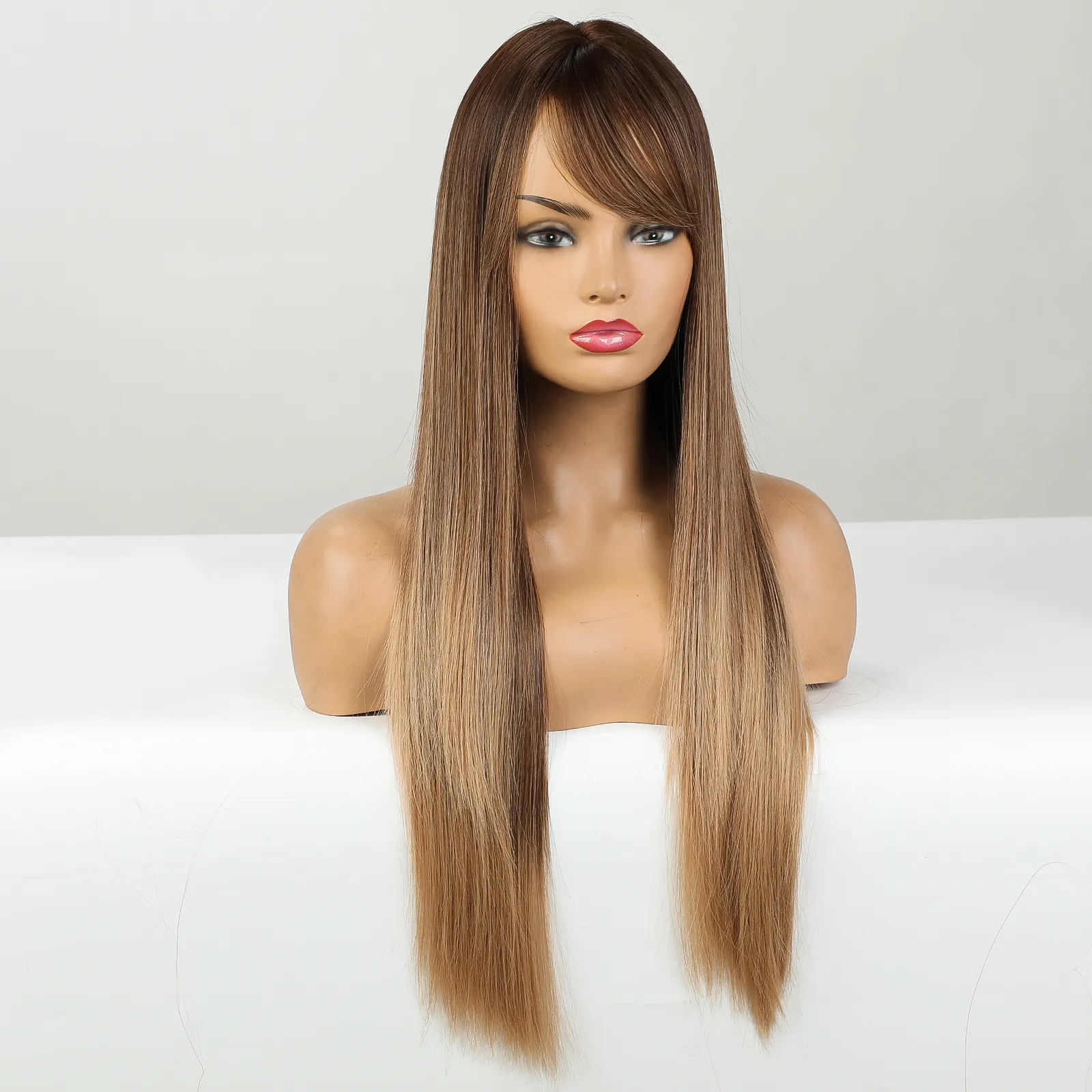 Perruques Synthétiques Longues Lignes Droites Ombre Brun Blonde Perruque Avec Frange Latérale Pour Les Femmes Cosplay Fête Quotidienne Résistant À La Chaleur Fibre Faux Hairfactory dire