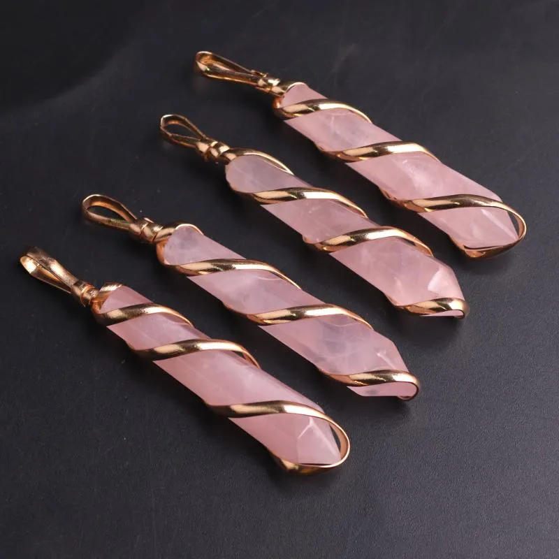 Collares colgantes 6 piezas de energía natural curando piedras preciosas cristal hexagonal puntiagudo alambre de cuarzo rosa envuelto para mujeres niñas 201w