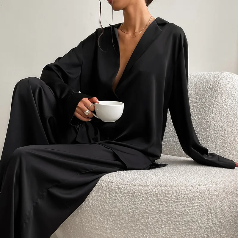 Hiloc överdimensionerad satin silkes sömnkläder lågklippt sexiga pyjamas för kvinnor singelbröstade långa ärmar breda benbyxor byxa kostymer 220722
