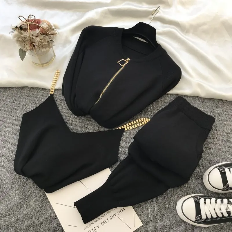 HMA Autumn And Winter Knitted Zipper Cardigans Camisole Pants Fashion Suit Women Tracksuit Clothes Set 220812