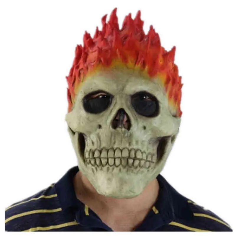 Halloween Ghost Rider Masque Flamme Crâne Squelette Rouge Flamme Feu Horreur Fantôme Plein Visage Latex Masques Parti Cosplay Costume Props T220727