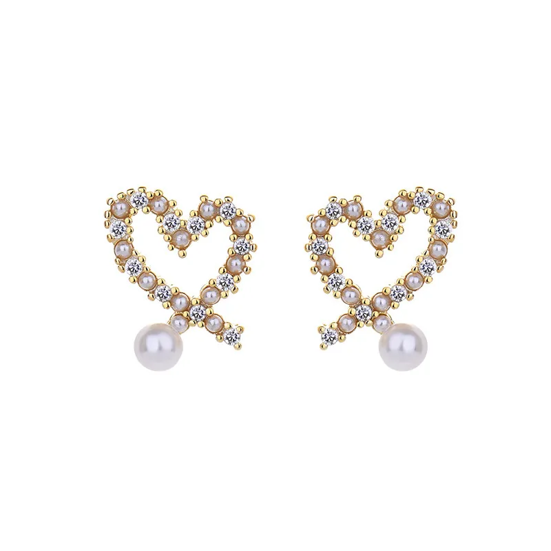 Pendientes de plata 925 con diseño de corazón de amor dulce OL con brillantes cristales brillantes y diamantes de oro de 18 quilates, aretes de diseñador de perlas de lujo e2279