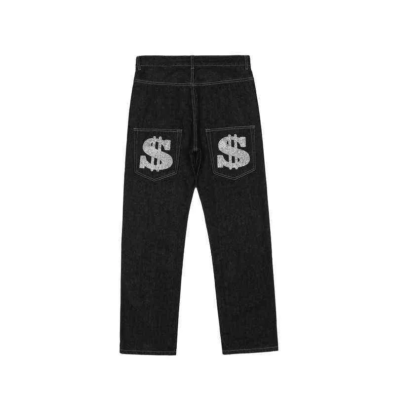 2022 Nouveau Mode Dollar Imprimer Noir Streetwear Hommes Baggy Jeans Pantalon Hip Hop Droite Harajuku Denim Pantalon Pantnes Hombre T220803