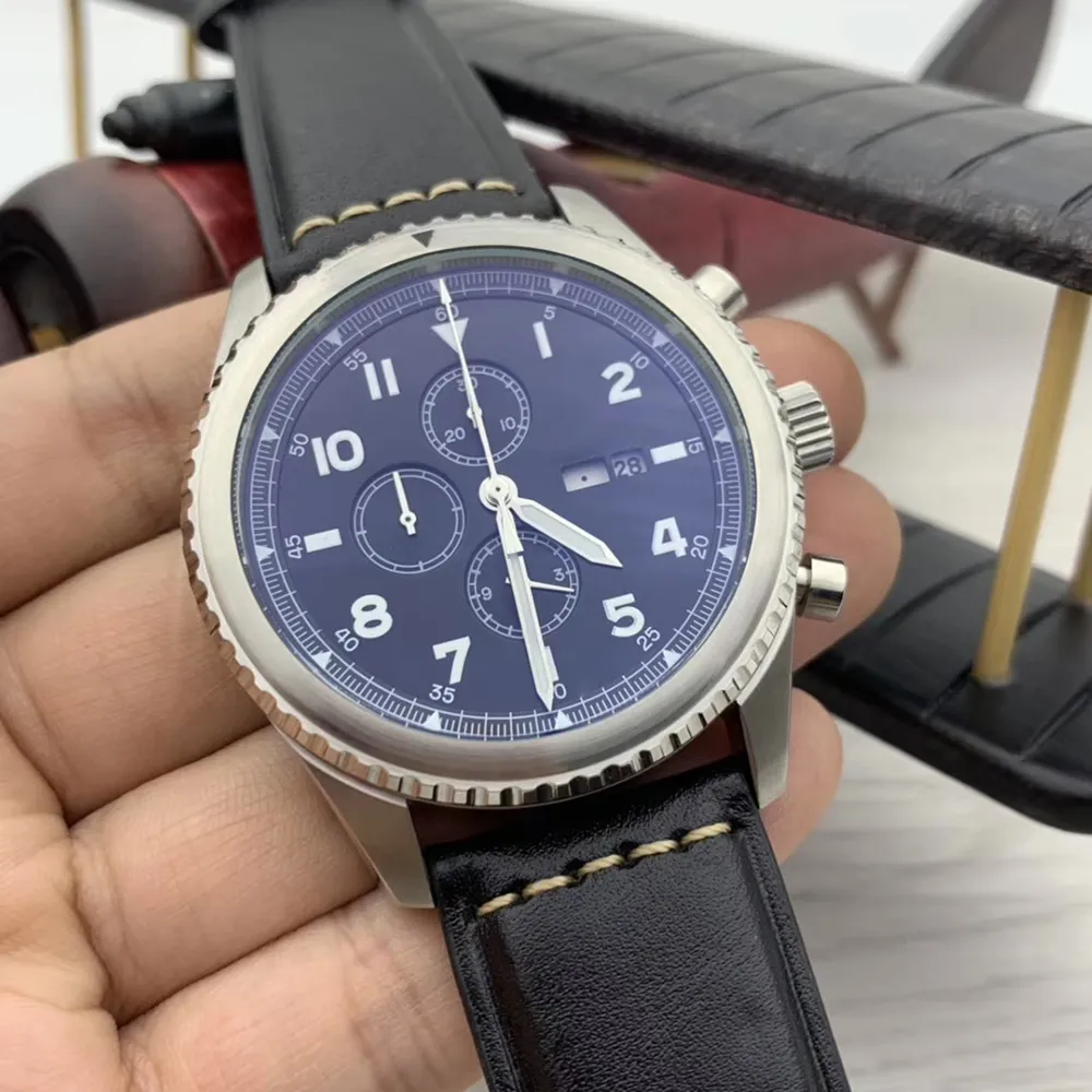 Edizione limitata Aviator 8 B01 Cronografo al quarzo Orologi da uomo 46MM Cassa in argento Quadrante blu Orologi da polso luminosi con alligatore blu247T